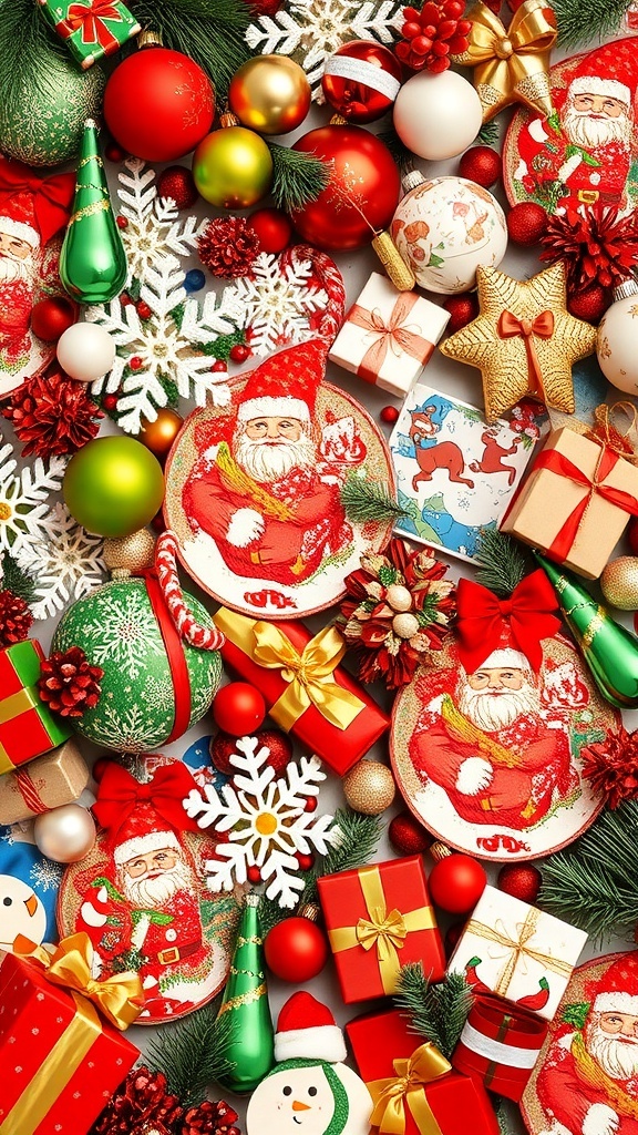 A colorful Christmas collage with ornaments, snowflakes, trees, and Santa Claus, embodying the festive spirit.
